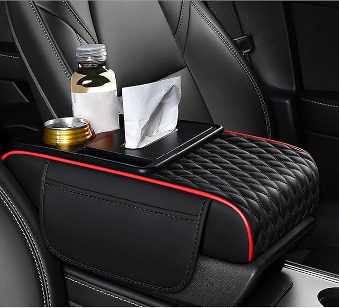 Car Center Console Cover for KIA Telluride 2018–2025,Multifunctional Auto Armrest Cushion Pad Armrest Middle Console Cover Interior Accessories,Black+red