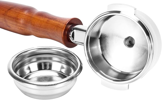 DIBTSA 58mm Espresso Portafilter Compatible with La Marzocco,Double Spouts 2 Ears, Stainless Steel Head and Filter Basket and Wood Handle