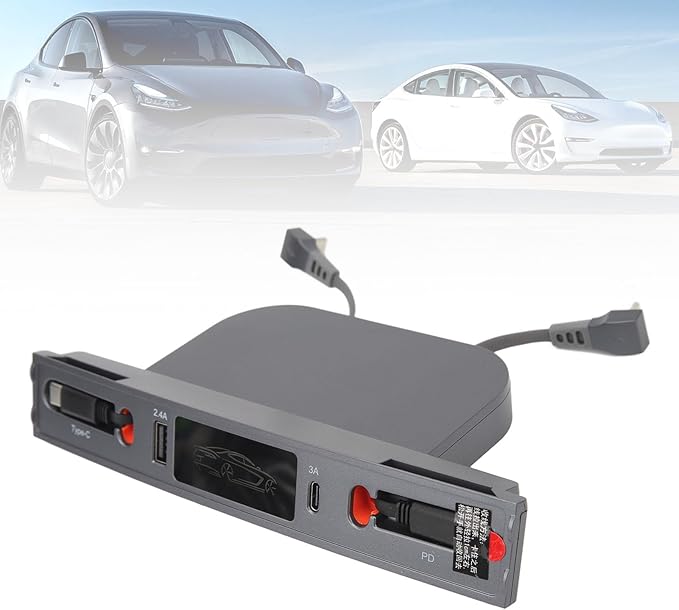 Car USB Hub Charger for T.esla Model.Y (2021-2024) and Model.3 (2021-2023) - Multi Port Retractable Docking Station with Fast Charging Cable for Center Console
