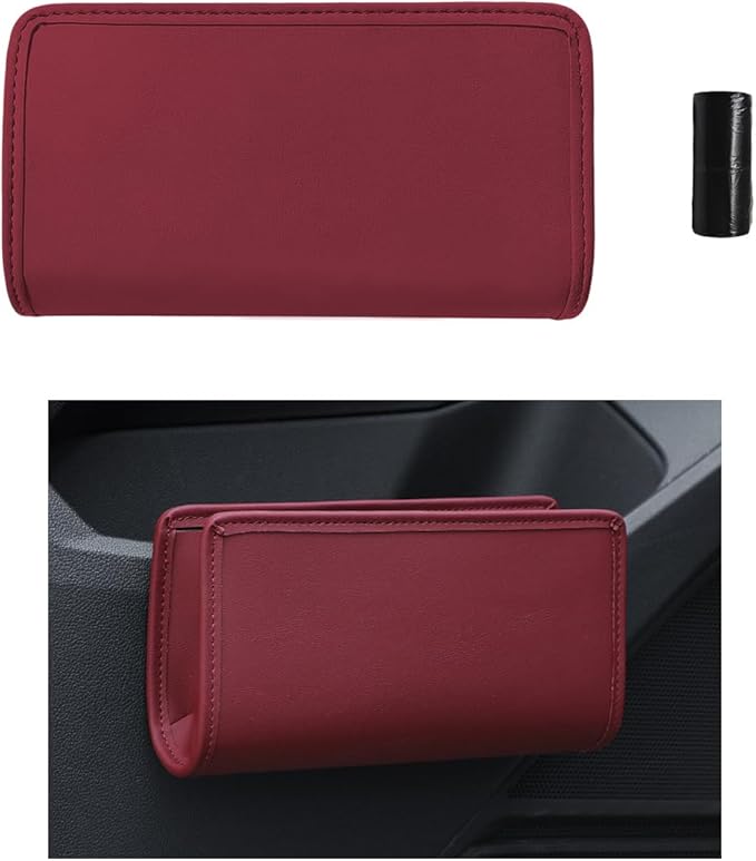 Car Trash Can, Foldable Leather Hanging Trash Bag, Multi-Function Mini Storage Box Garbage Can for Car, Wine Red