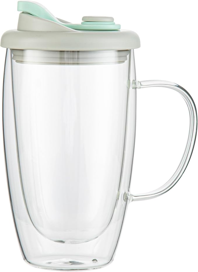 Restaurantware - Forma Professional 15.2 Ounce Insulated Travel Mugs With Handles, 10 Double Wall Coffee Mugs - Includes Lids, Reusable, Clear Borosilicate Glass Tumblers, Dishwashable, Microwavable
