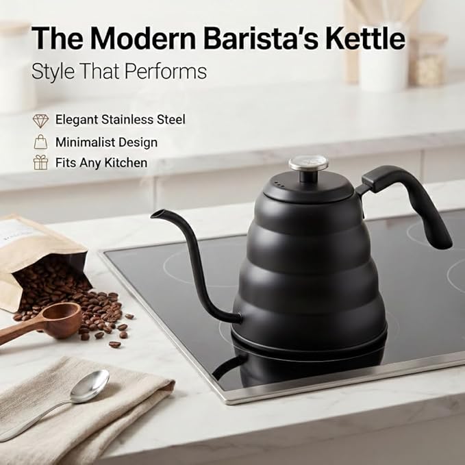 Barista Warrior Gooseneck Kettle for Pour Over Coffee and Tea with Thermometer for Exact Temperature, Precision Pour Drip Spout, Compatible with all Stove Tops (Matte Black, 1.2 Liter, 40 fl oz)