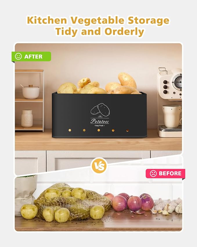 Kitchen Vegetable Storage Set of 3, Sturdy and Durable Storage Basket for Potato, Onion, Garlic, Fruit,Aerating Holes and Wooden Lid (black)