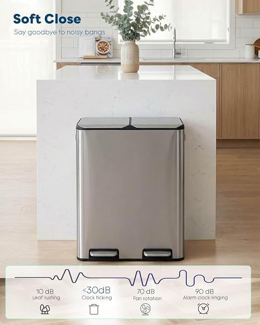 ComfyCorner 16 Gal (2 x 30 L) Dual Trash Can, Stainless Steel Kitchen Garbage Bin, Recycle Dustbin with Odor Control Box, Soft-Close Lid, Inner Buckets, Side Handle, Step Pedal, for Home Office