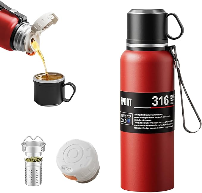 Double wall vacuum Leakproof stainless steel wide mouth insulated water bottle;tea tumbler with tea strainer infuser basket,cup and lid; travel coffee thermoses hot drinks;portable cold thermal flask