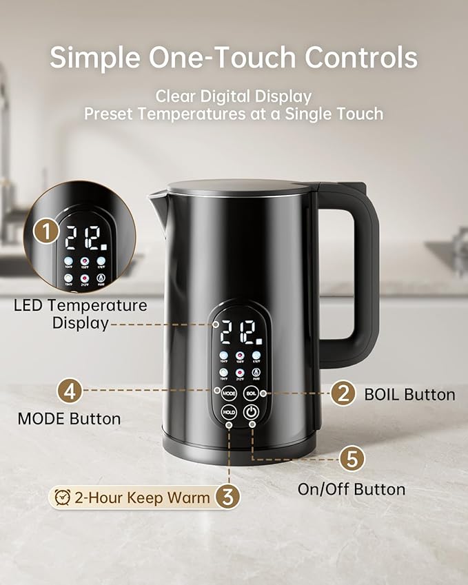 Electric Kettle with Temperature Control, 1.7L Stainless Steel Hot Water Kettle, 5 Presets for Tea & Coffee, 2H Keep Warm, Fast Boil, Auto Shut-Off & Boil-Dry Protection, Cordless Tea Kettle, Black