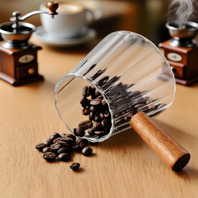 Wooden Handle Coffee Cup with Scale, Espresso Accessories Double Scale Glass Measuring Cup Milk Frother Glass Cup V-Shaped Espresso Cup