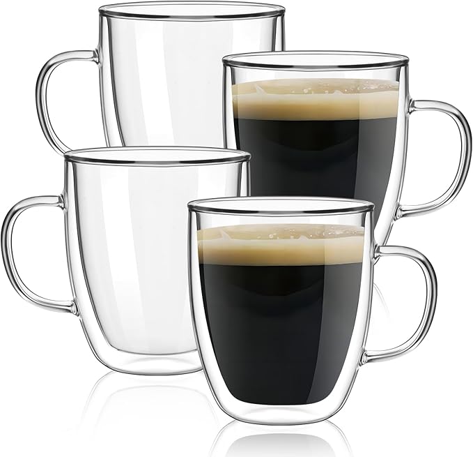 Double Wall Glass Coffee Mugs 350ml / 12oz – Set of 2 Insulated Clear Cups for Espresso, Latte, Cappuccino, Tea, Hot or Cold Drinks (15oz set of 4)