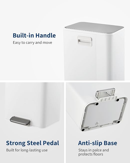 3.4 Gallon/13 Liter Trash Can, Stainless Steel Step Garbage Can with Quiet Soft-Close Lid, Foot Pedal & Removable Inner Bucket, Rectangular Trash Bin for Bathroom Home Office, White