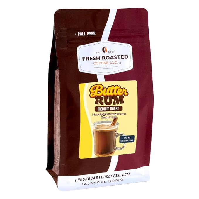 Fresh Roasted Coffee, Butter Rum Flavored Coffee, 12 oz, Medium Roast, Kosher, Ground