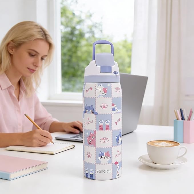 Gift for Cat Lover Stainless Steel Water Bottle, Vacuum Insulated, Push-Button Lid, 32 oz for Cat Mom Women Girls Friends Teens Birthday Christmas