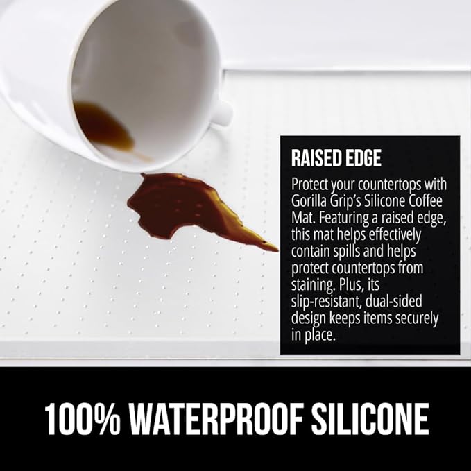 GORILLA GRIP Silicone Coffee Mat, 15x23, Espresso Machine Bar Accessories, Keep Kitchen Counters Clean, Stays in Place, Waterproof and Heat Resistant Dish Drying Mats, Home Decor Essentials, White