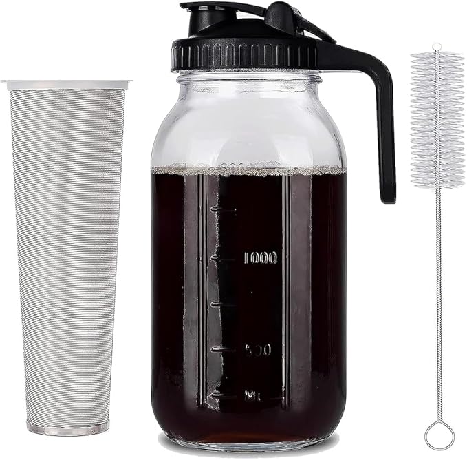 Glass Cold Brew Coffee Maker – 64 oz (2 Quart / 1.9 Liter) – Mason Jar Iced Coffee Pitcher, Durable Glass, with Stainless Steel filter, leak proof wide mouth lid and handle