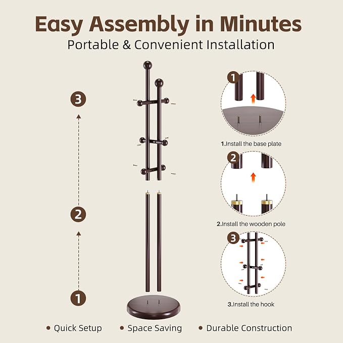 Uniclinens Wood Coat Rack Freestanding - Heavy Duty Freestanding Coat Rack, Wooden Coat Stand with 6 Hooks Creative Tree Branch-look for Entryway, Hallway, Bedroom (Dark Walnut)