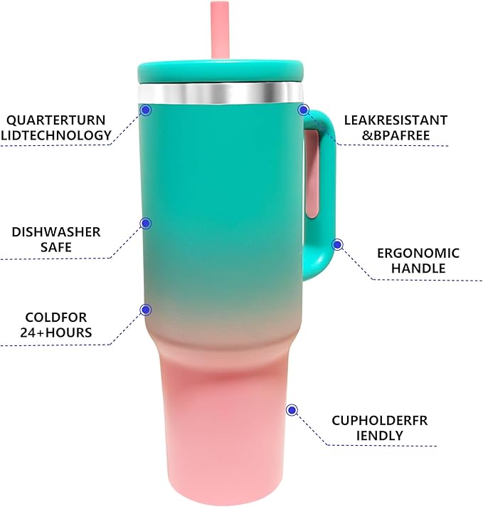 40-OZ Insulated Water Bottle,Insulated Stainless Steel Tumbler,Reusable Cold Drink Thermos,BPA-Free, Double-Wall Stainless Steel Water Bottle (Aqua Pink, 40, Fluid Ounces)