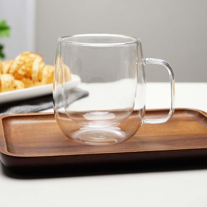 Double Wall Glass Coffee Mugs -11.8Oz Clear Insulated Glass Espresso Cups with Handle Mugs for Hot Beverages,set of 2 Perfect for Cappuccino Latte Americano Tea Bag (Large (2 PACK))