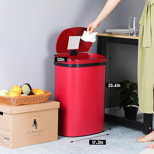 13 Gallon 50 Liter Garbage Can Kitchen Trash Can with Lid Automatic Sensor Touch Free Stainless Steel Waste Bin for Bathroom Bedroom Home Office,Red