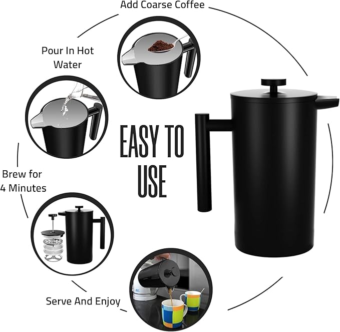 Utopia Kitchen 304 Grade Stainless Steel French Press Coffee Maker 21 Oz, Double Wall Insulated Coffee Press with 4-Level Filtration system, Include 2 Extra Filters, Rust-Free, Black