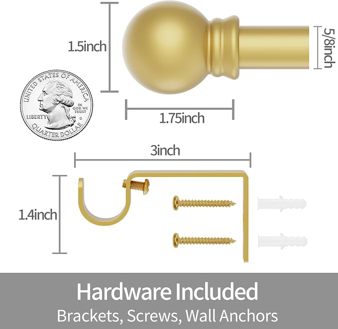 Thestoa Gold Curtain Rods for Windows 66-120 Inch, 5/8" Stainless Steel Small Curtain Rod for Bedroom, Living Room, Kitchen, Farmhouse