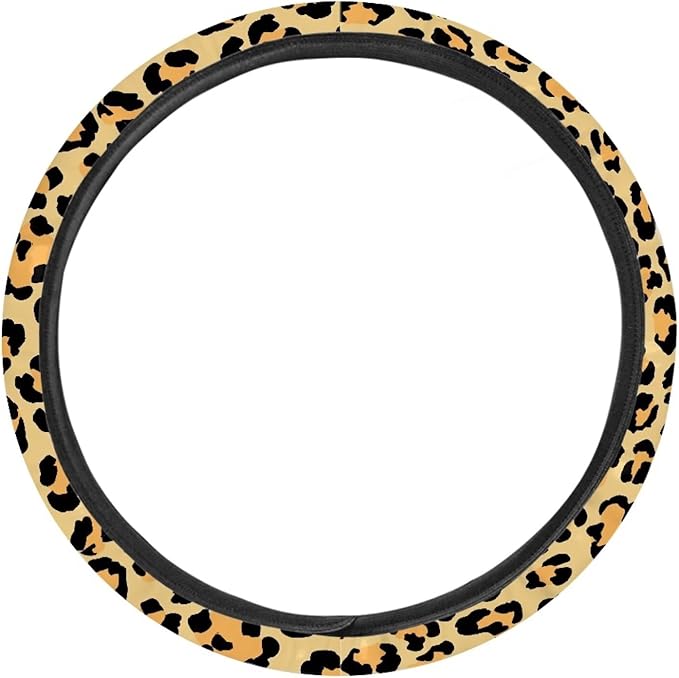 Universal Non-Slip Steering Wheel Cover, 15-inch Polyester Material Driving Accessories, Adjustable for Car and Truck(Retro Yellow Leopard Print)