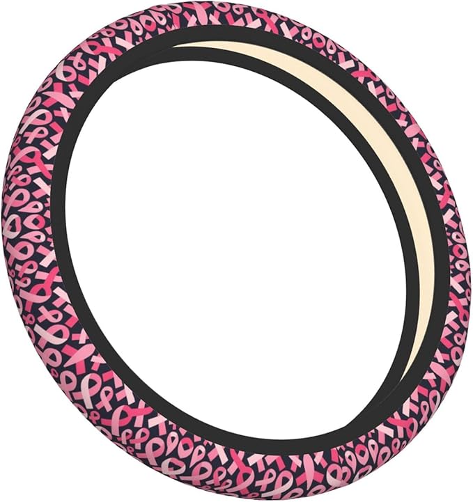 Breast Cancer Awareness Ribbon Universal Fit Steering Wheel Cover for Car, Truck, and SUV, Durable Steering Wheel Protection