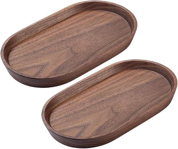 Mini Serving Trays for Parties, Small Decorative Tray for Tea＆Coffee, Oval Wooden Plates for Serving Food for Appetizer＆Vegetables for Bathroom 7.8"×4.6" (Walnut, Set of 2)