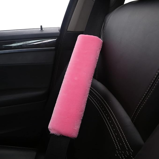 1 Set 6 Pcs Fluffy Car Steering Wheel Cover & Seat Belt Shoulder Pads & Handbrake Cover & Gear Shift Cover Set & Seat Belt Shoulder Pads Faux Wool Universal Fit Car Interior Accessories (Pink)