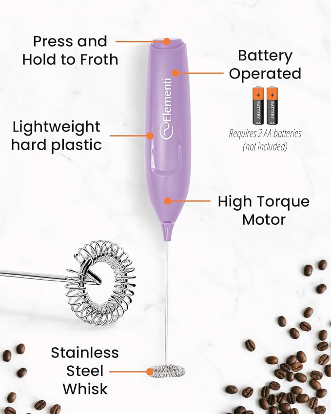 Elementi Powerful Frother Wand – Lightweight Milk Frother & Drink Mixer Handheld, Matcha Whisk for Dreamy Lattes, Powerful Coffee Mixer Wand & Blender Stirrer for Creamy Cappuccinos at Home (Lavender)
