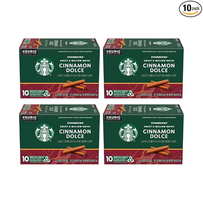 Starbucks Flavored Coffee, Genuine K-Cup Pods, Cinnamon Dolce Flavored, with Sweet and Mellow Notes, Recyclable Pods, 10 Count Pods in Each (Pack of 4)