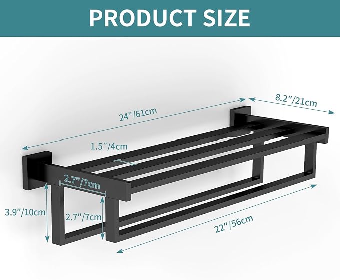 Towel Racks for Bathroom Wall Mounted, 24 Inch Double Towel Bar, Dual Towel Rack with Shelf, Stainless Steel Hand Towel Hanger, Bath Towel Holder for Wall, Black