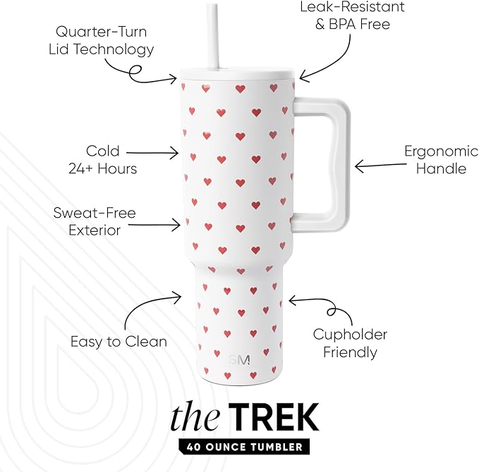 Simple Modern 40 oz Valentine's Day Trek Tumbler with Handle and Straw Lid | Cup Holder Friendly Insulated Stainless Steel Travel Mug | Crimson Hearts
