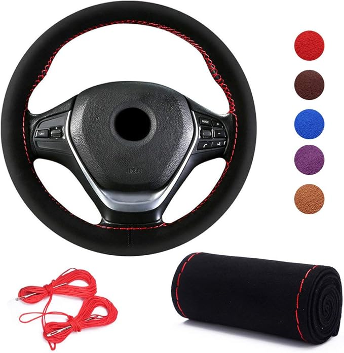 Suede Leather Steering Wheel Cover, Leather Steering Wheel Cover Lace Up, Universal 15 Inch Breathable, Non-Slip, Durable Suitable for Every Season,Black