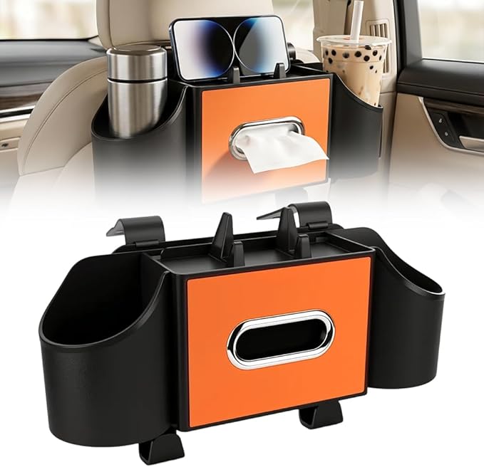 4-in-1 Car Backseat Organizer with Cup Holder, 2026 Upgraded Multifunctional Car Back Seat Organizer with Tissue Box, Trash Bin & Hooks for Hold Phones, Snacks, Drinks, and Handbags (Orange)