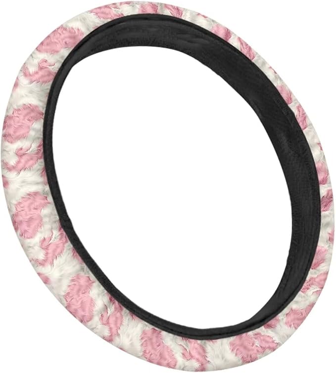 Universal Non-Slip Steering Wheel Cover, 15-inch Polyester Material Driving Accessories, Adjustable for Car and Truck(Blush Pink Furry Leopard)