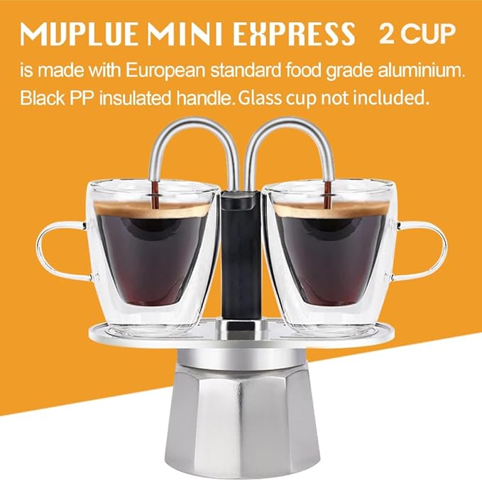 MVPLUE-Mini Express Double Tube Moka Pot Aluminum Silver,Share fresh delicious coffee with a friend
