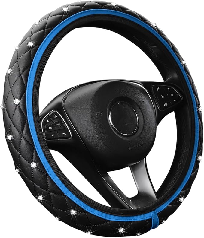 Bling Car Steering Wheel Cover, Rhinestones Elastic Leather Automotive Steering Wheel Protector, 15 Inch Sparkly Crystal Vehicle Interior Decor Accessories, Universal Fit (Blue)
