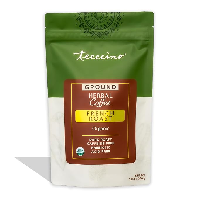 Teeccino French Roast Chicory Coffee Alternative - Ground Herbal Coffee That’s Prebiotic, Caffeine-Free & Acid Free, Dark Roast, 1.1 Pound