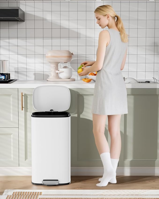 Arlopu13.2 Gallon Step Trash Can, Stainless Steel Garbage Bin, Soft-Close Rubbish Bin with Removable Plastic Inner Bucket, Fingerprint-Proof, Lid Dustbin, Suit for Kitchen Home (White, 50L)