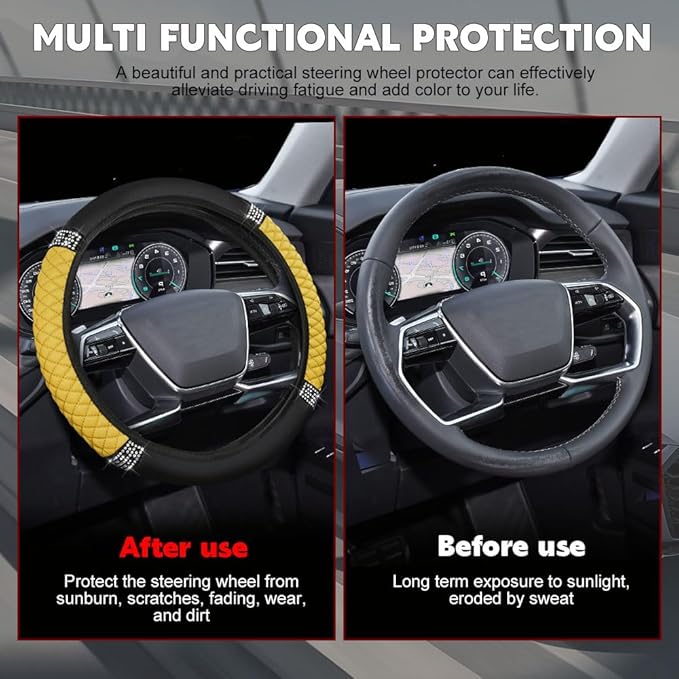 Car Steering Wheel Cover, Steering Wheel Accessories, Breathable Microfiber Leather Auto Wheels Protector, Universal 15 Inch Anti-Slip Protector for SUV Sedan Truck (Bling-Yellow)