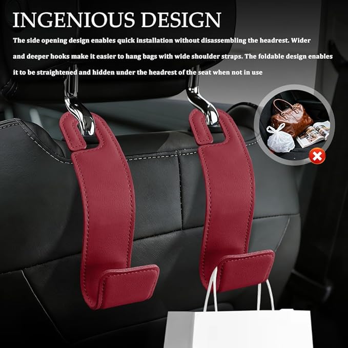 2PCS Purse Holder for Car, Purse Hook for Car, Leather Headrest Hooks for Automotive Back Seat, Auto Accessories Back Seat Organizer Hook for Grocery Bag Handbag Coat (Red, 2PCS)