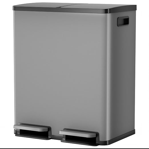DUMOS Kitchen Double Trash Can, 2x8-Gallon Dual Trash Can with Lid, Stainless Steel Garbage Bin with 2 Removable Inner Buckets, Soft-Close Foot Pedal for Kitchen, Home, Office, Matte Gray