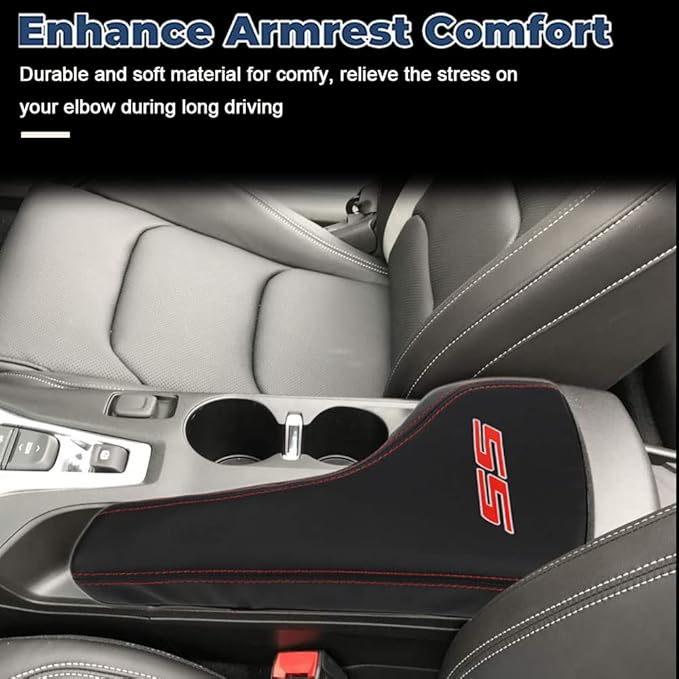 BOYOUS Armrest Cover Center Console Pad Full Protection Console Leather Arm Rest Interior Accessories Fit for Chevrolet Camaro 2016-2024-Red Stitches