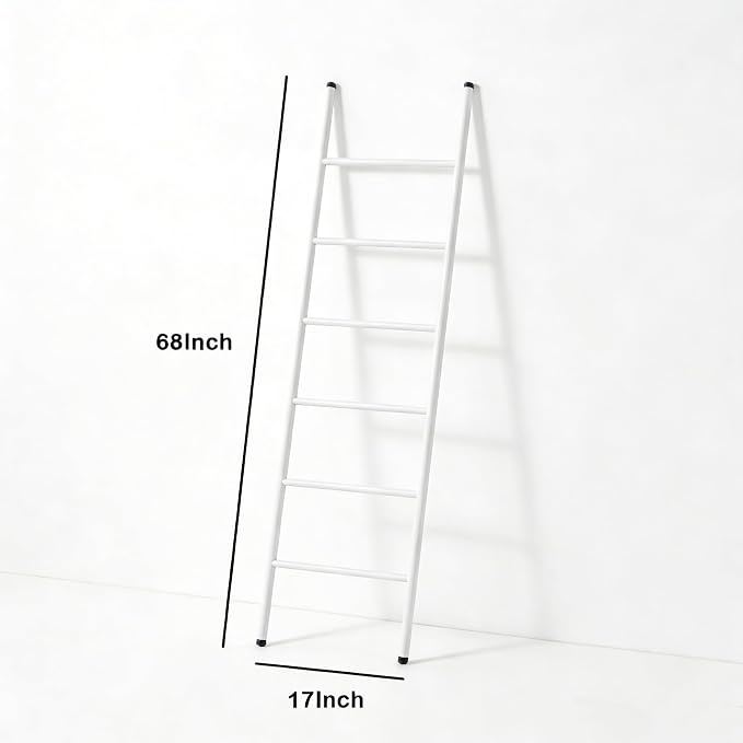6-Tier Blanket Ladder 68 Inch Wall-Leaning Towel Rack for Living Room and Bedroom, Easy Assembly - White