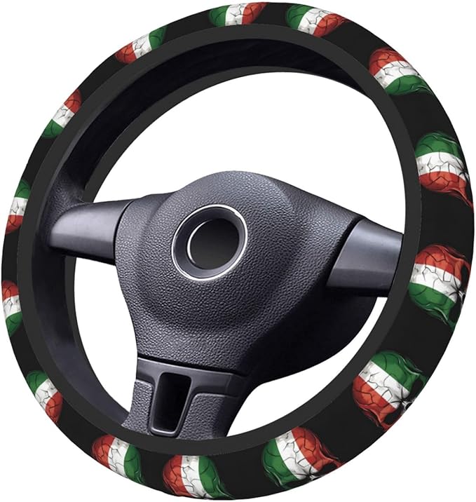 Dark Italian Flag Skull Art Car Steering Wheel Cover, 15 Inch Steering Wheel Cover Stylish Decor for Most Cars