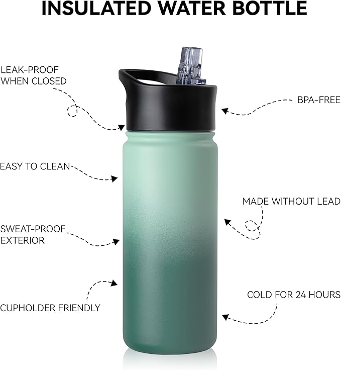 16 oz Insulated Water Bottle Bulk 8 Pack, Straw & Spout Lid, Keep Cold 24H, Spill Proof, BPA-Free, Double Wall, Stainless Steel Kids Water Bottles for School, Sports, Green Gradient
