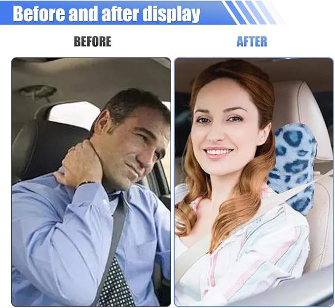 2PCS Cute Bow Car Headrest Pillow, Soft Breathable Leopard Plush Car Neck Support Pillow, Comfortable Warm Ergonomic Auto Interior Head Rest Cushion for Women, Girl (Blue)
