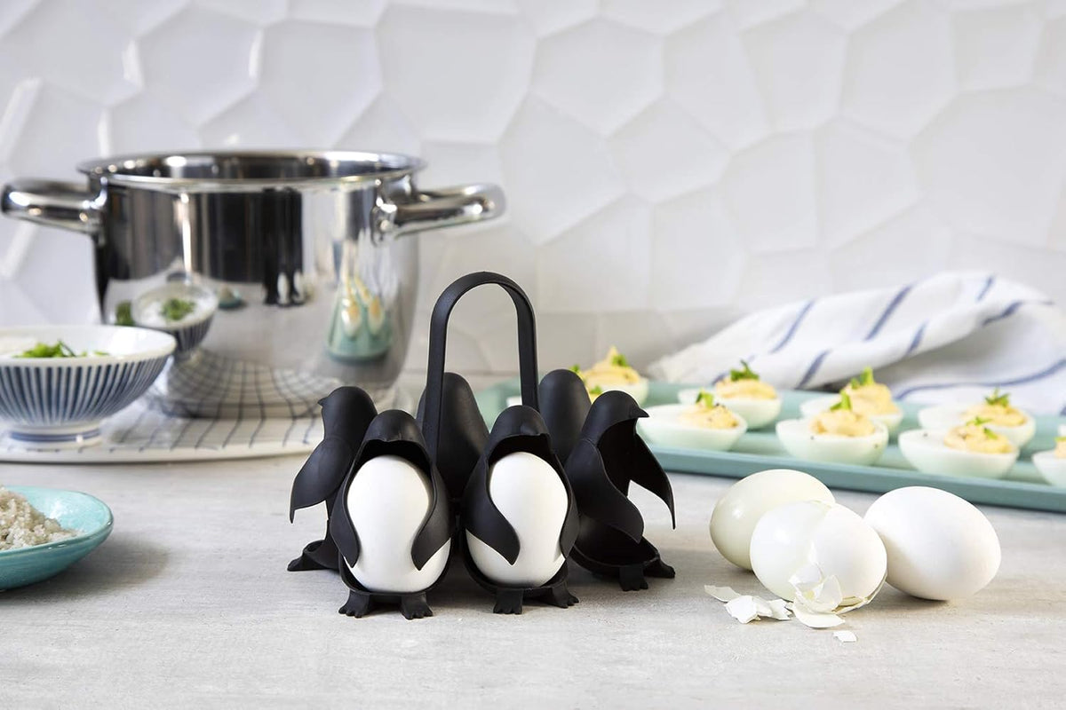 PELEG DESIGN Egguins 3-in-1 Cook, Store and Serve Egg Holder, Penguin-Shaped Boiled Egg Cooker for Making Soft or Hard Boiled Eggs, Eggies, Holds 6 Eggs for Easy Cooking and Fridge Storage