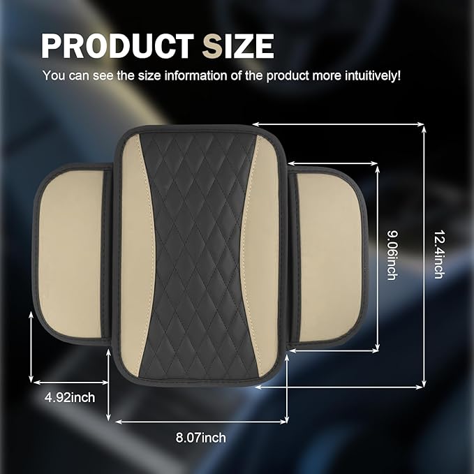 Car Center Console Cover, Upgraded Patchwork Leather Arm Rest Cover with Side Storage Pockets, Comfortable Auto Armrest Protector Cushion, Universal Middle Console Pad for SUV, Sedan (Beige)