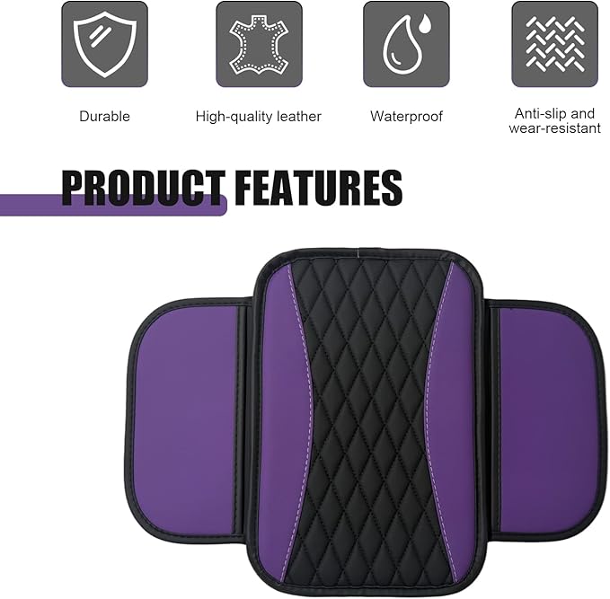 Car Center Console Cover, Upgraded Patchwork Leather Arm Rest Cover with Side Storage Pockets, Comfortable Auto Armrest Protector Cushion, Universal Middle Console Pad for SUV, Sedan (Purple)