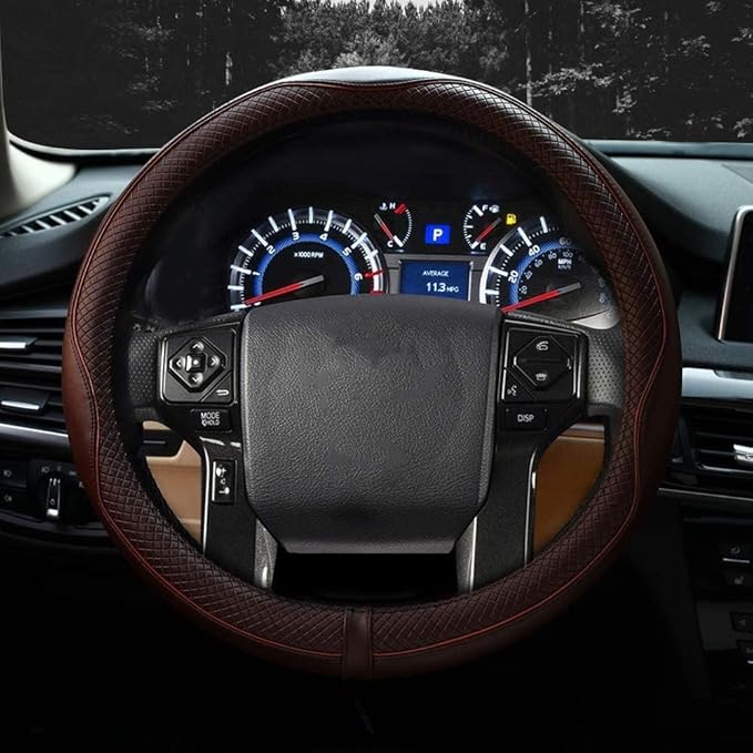 Valleycomfy Steering Wheel Covers Universal 15 inch - Genuine Leather, Breathable, Anti Slip & Odor Free (Coffee, M(14" 1/2-15" 1/4))